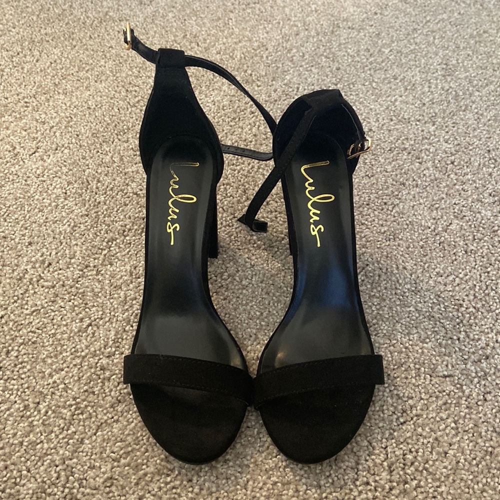 Lulus W 6.5 Taylor Black Suede Ankle Strap Heels, 4”